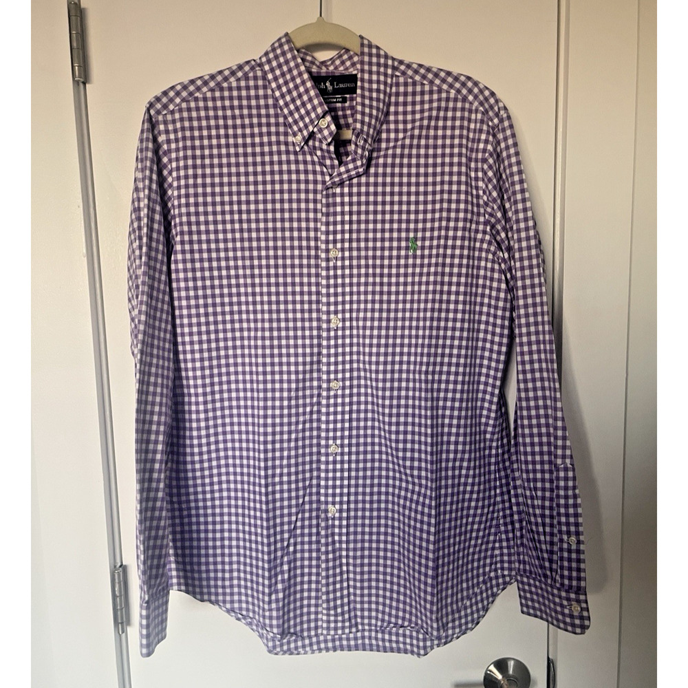 Polo Ralph Lauren Men's M Custom Fit Purple Gingham Logo Button Down Pony Shirt